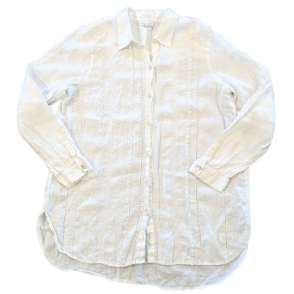 J. JILL Love Linen Lace Trim Tunic L White Made In India 100% Linen Long-Sleeved